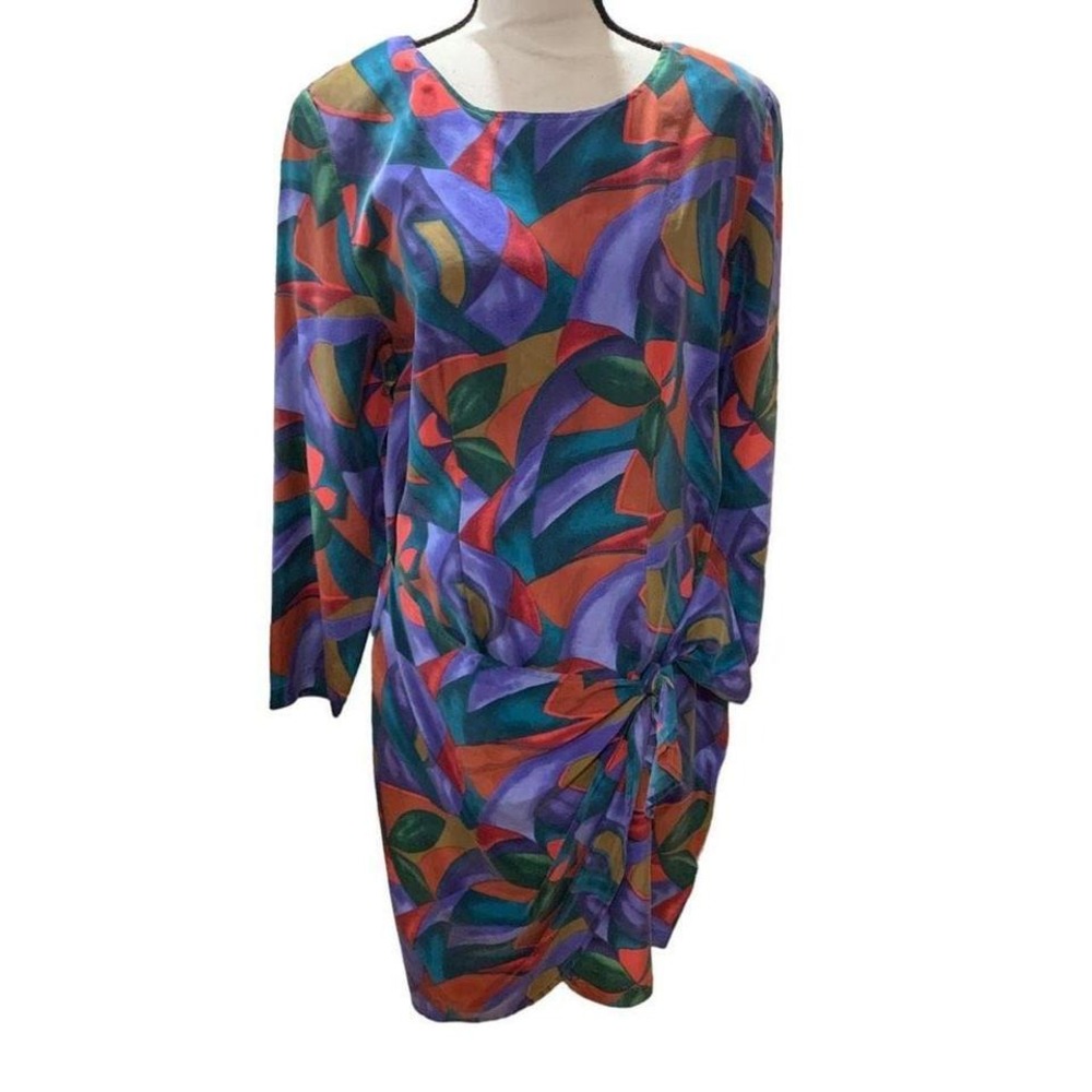 Kikomo‎ Silk Dress Vintage 80s 90s Tied at Hip Tulip Skirt Geometric Print 13/14